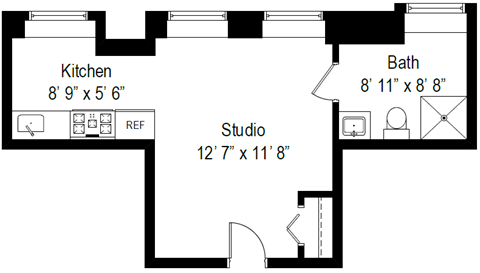 Floor plan for studio, 1 bath, 291 sqft